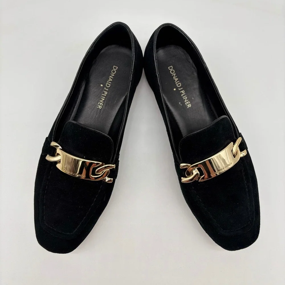 Donald J Pliner Hola Black Suede Gold Chain Link Loafers Womens7.5‎ M Flat Shoes